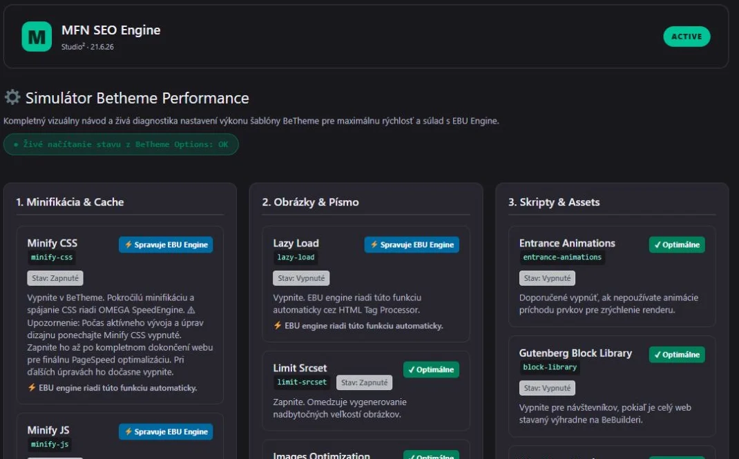 Simulátor nastavení BeTheme — administrácia Enterprise Engine
