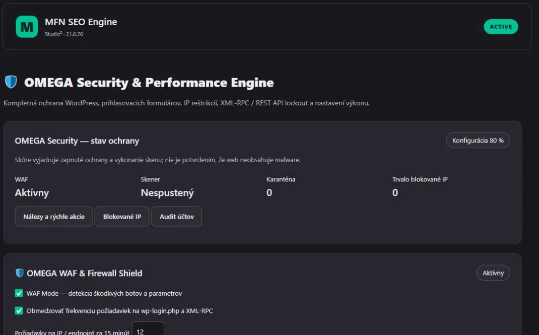 OMEGA Security — administrácia Enterprise Engine