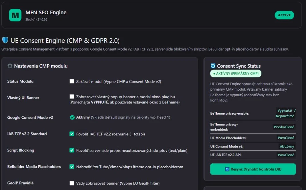 Súhlasy a Consent Mode v2 — administrácia Enterprise Engine