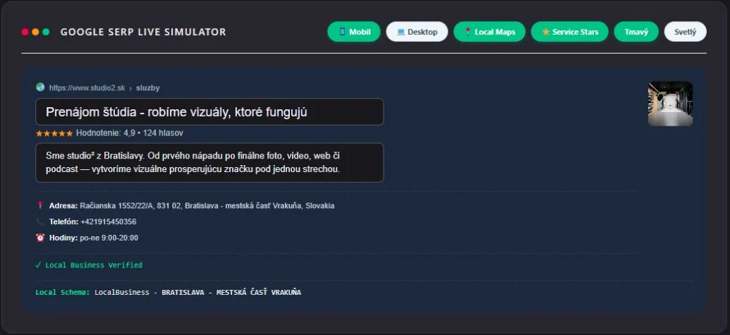 Simulátor výsledkov Google — administrácia Enterprise Engine