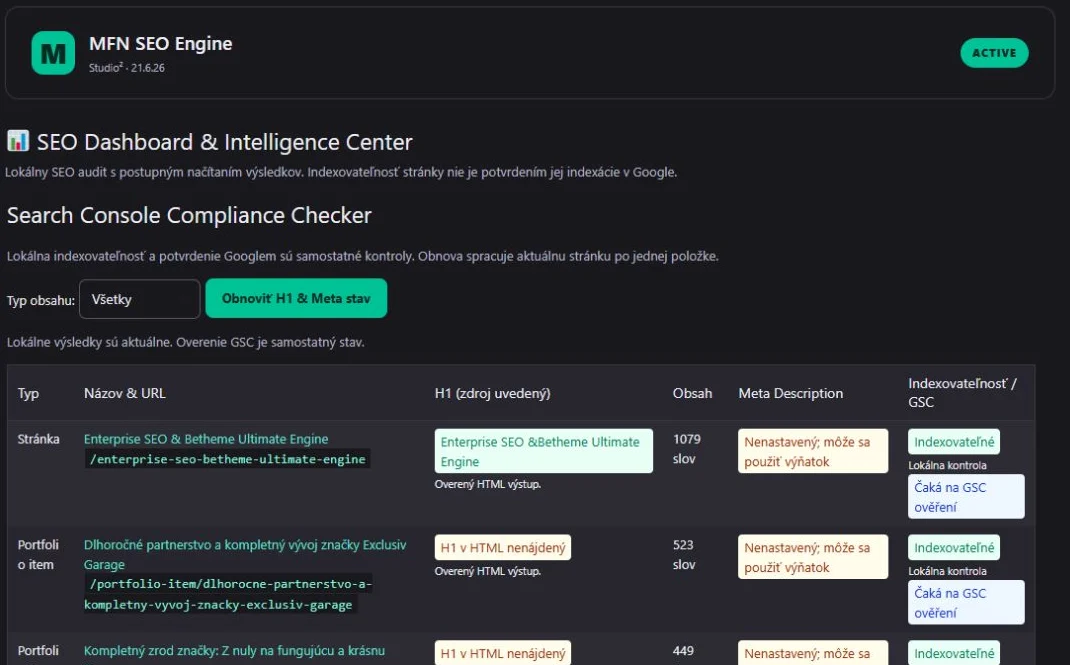 SEO Dashboard — administrácia Enterprise Engine